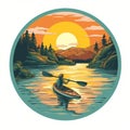 Vintage Sunset Kayaking Illustration In Feminine Sticker Art Style