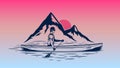 Man canoeing at sunset on mountain lake vector illustration Royalty Free Stock Photo