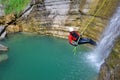 A man canyoning in Pyrenees, Spain. Royalty Free Stock Photo