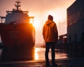 Man in cap and orange jacket stands watching at the water and huge ship. Sunset at backdrop. Generative AI Royalty Free Stock Photo