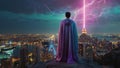 Man in a cape stands on a rooftop overlooking the city as lightning strikes Royalty Free Stock Photo