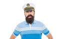 Man captain portrait. Bearded man wearing sailor hat. Nervous man face with beard and mustache