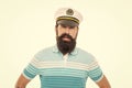 Man captain portrait. Bearded man wearing sailor hat. Nervous man face with beard and mustache