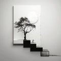 Minimalistic Environmental Art: Tree On Stair In Abstract Monochrome Portrait