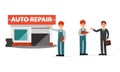 Man Car or Auto Mechanic Talking with Customer Near Garage Vector Illustration Set