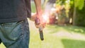 A man with a carbine in his hand with a blurred background Royalty Free Stock Photo