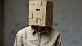 A man with a cardboard box on his head. Generative AI image. Royalty Free Stock Photo