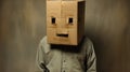 A man with a cardboard box on his head. Generative AI image. Royalty Free Stock Photo