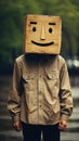 A man with a cardboard box on his head. Generative AI image. Royalty Free Stock Photo