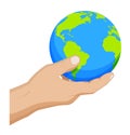 Man carefully holds the globe in his hand. Choosing a destination for travel. Global view of the world. Cartoon vector on white