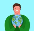 Man carefully holds planet Earth. Ecology, environment, travel concept. Cartoon vector illustration