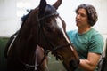 Man caressing the brown horse in the stable Royalty Free Stock Photo