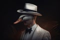 A man in a carnival mask of a goose bird, in a hat on a dark background, isolate. AI generated. Royalty Free Stock Photo