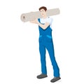 Man with carpet. Carpet installer holding rag. Repairman carrying roll of mat on shoulder Royalty Free Stock Photo