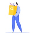 Man carries container for collecting garbage illustration. Male character in blue shirt and pants holds yellow plastic