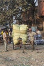 man carries heavy cargo with his rickshaw in old Delhi