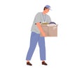 Man carries laundry to wash, person holds box with garment. Relocation and move to new house Royalty Free Stock Photo