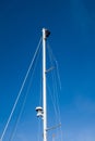 A man carries out work on the top of the mast of a sailboat