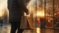 Man carries shopping bags in warm light near modern storefront reflections. Generative AI