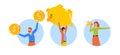 Man Carry Piggy Bank, Employee With Coins, Woman With Megaphone Isolated Round Icons Or Avatars Illustration