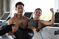 Man carry woman on in fitness gym Royalty Free Stock Photo