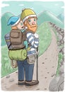 Man carrying a baby in backpack and hiking on a mountain trail