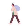 Man carrying bag over shoulder. Delivery person going, moving with heavy belongings in hands. Male character profile Royalty Free Stock Photo