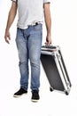 Man carrying black briefcase on white background