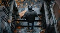 Man carrying a box down wet autumn stairs. Aerial view with urban setting Royalty Free Stock Photo