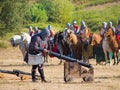 man carrying cannon in historical re-enactment of medieval battle of Aljubarrota Royalty Free Stock Photo