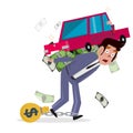 Man carrying car with money. loan from car. concept of debt and Royalty Free Stock Photo