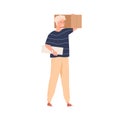 Man carrying carton box and moving. Employee holding cardboard with office stuff. Happy person relocating, changing work