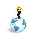 Man carrying dollar sign standing on globe world map Royalty Free Stock Photo