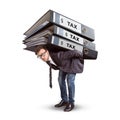 Man carrying a giant stack of tax folders isolated on white