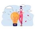 Man carrying glowing lightbulb with brain inside. Concept of brainstorming, power of intelligence, creative thinking, innovative