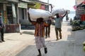 Man carrying goods on his head, Gosaba, India