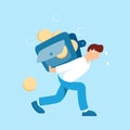 Man carrying a heavy wallet with coins vector illustration in flat design. Tired hard working person cartoon character