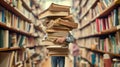 Man Carrying Large Stack of Books in Library