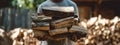 Man carrying a large stack of chopped firewood for heating outdoors Royalty Free Stock Photo