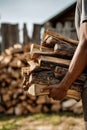 Man carrying a large stack of chopped firewood for heating outdoors Royalty Free Stock Photo