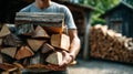 Man carrying a large stack of chopped firewood for heating outdoors Royalty Free Stock Photo