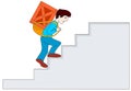 Man carrying a load on his back up the stairs. Carrier climbs the ladder with a heavy wooden box on his back. Transport, physics, Royalty Free Stock Photo