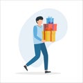 Man carrying many Christmas gifts in his hands Royalty Free Stock Photo