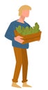 Man carrying pot with growing greenery, farming character