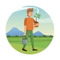 Man carrying pot plant and earth pot-gardening Royalty Free Stock Photo