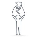 Man carrying Rupee INR currency in bag money, simple line icon