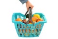 Man carrying a shopping basket full of groceries.