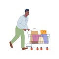 Man carrying shopping trolley cart with paper bags