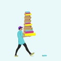 Man carrying tall stack of books. Flat vector illustration