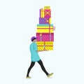 Man carrying tall stack of gift boxes. Christmas festive season shopping. Flat vector illustration